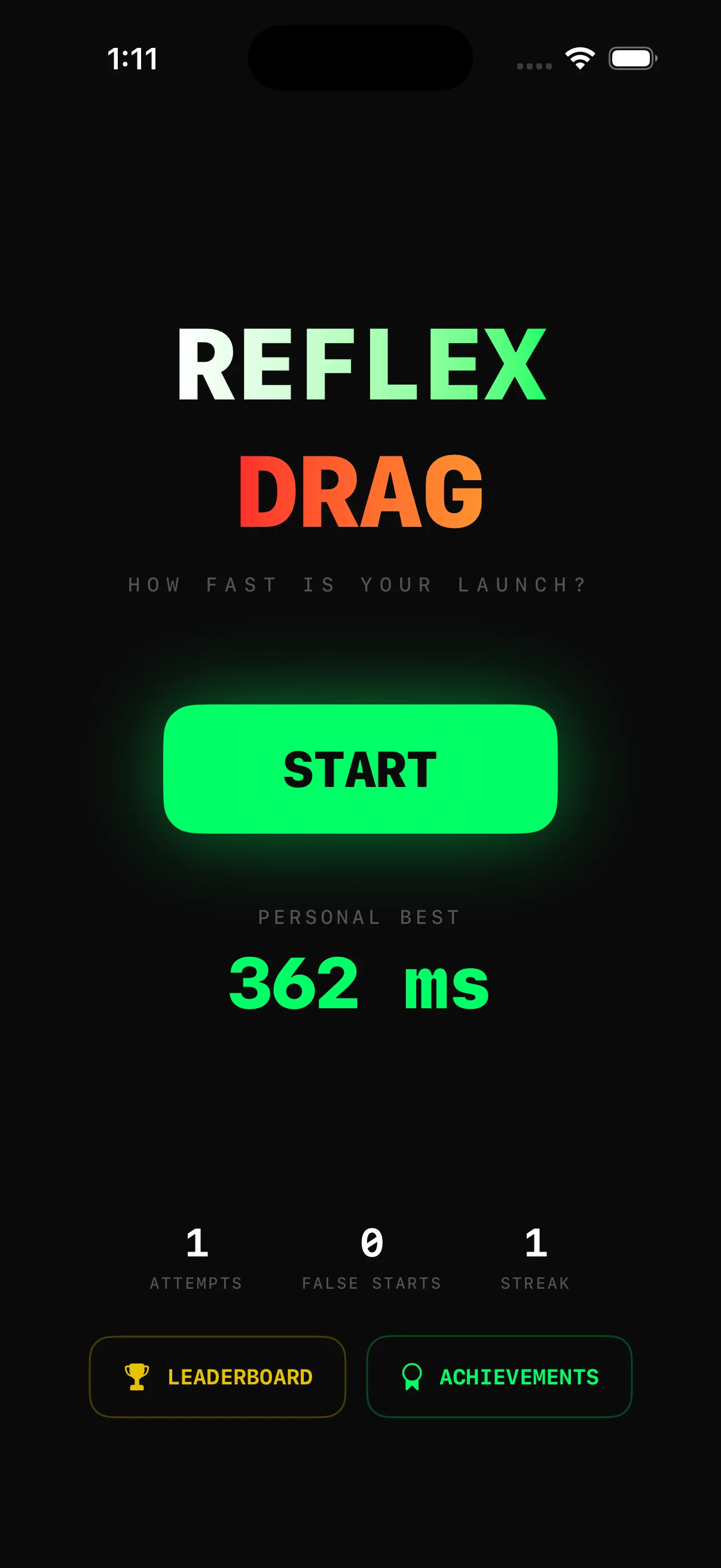 Reflex Drag home screen.