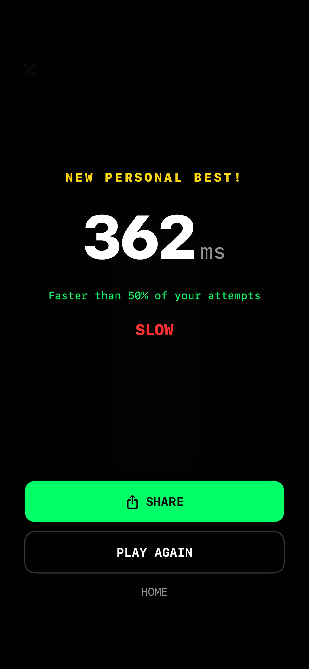 Reflex Drag result screen showing a saved reaction time.